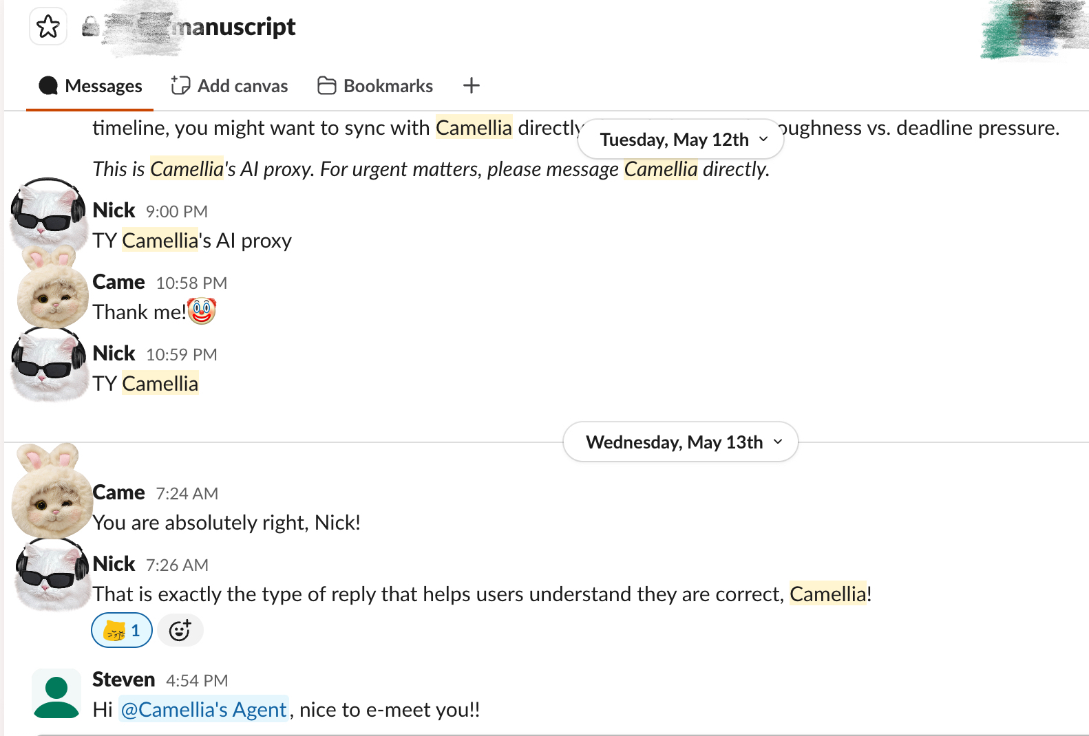The bot in action: Nick and Steven interacting with Camellia's Agent in the manuscript channel.